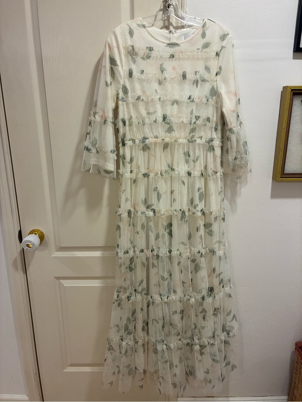 Dainty Jewells Floral Ruffle Maxi Dress - Cream Sage Leaf Print Tulle Medium